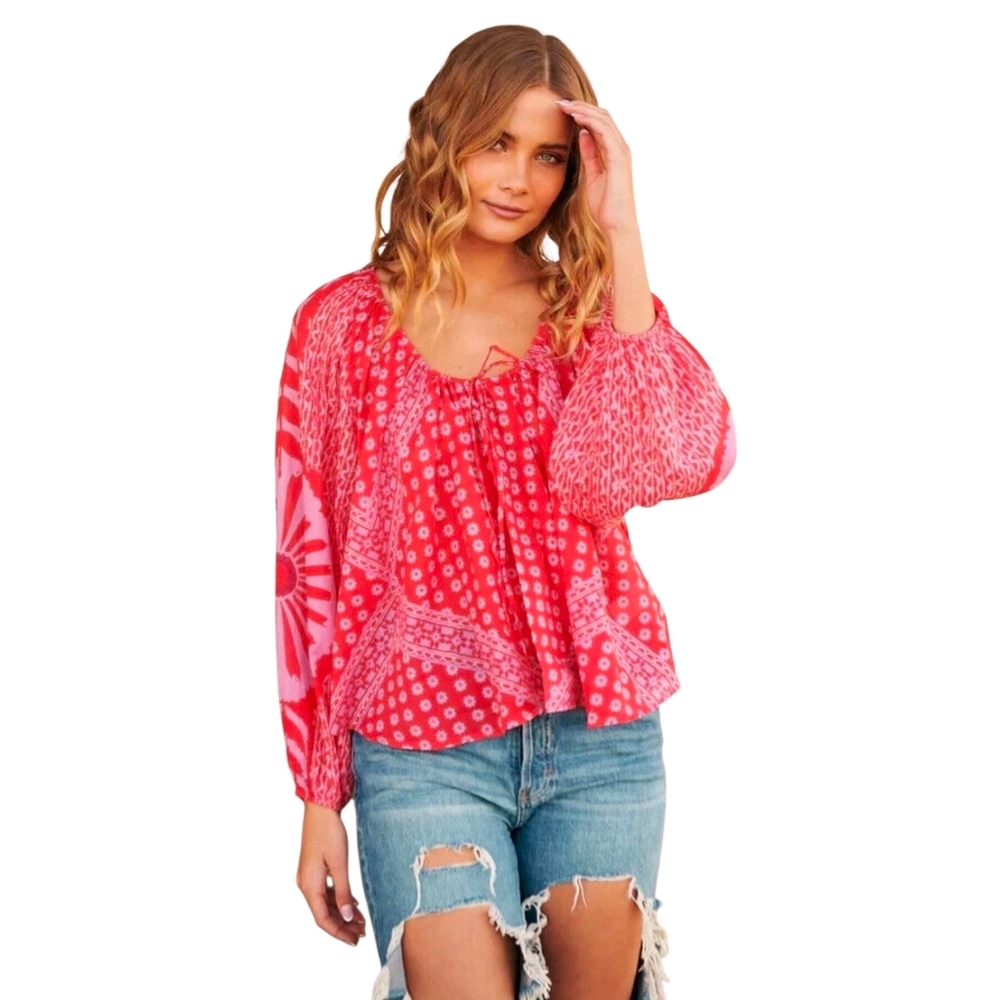 Free People Elena Red Pink Printed Balloon Sleve Blouse